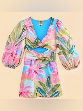 Farm Rio Beach Vibe 3/4 Sleeve Mini Dress with Cutouts in a Multicolored Print